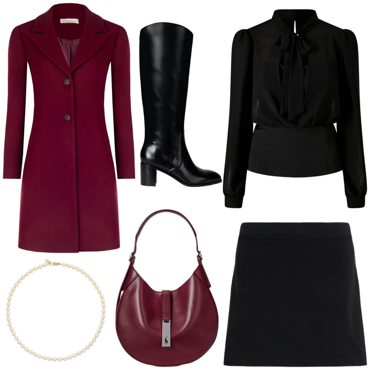 Outfit donna - Il cappottino glamour. Stile Chic per Tutti i giorni. Abbinamento con cappotti, bluse, borse a spalla, collane, minigonne, stivali.