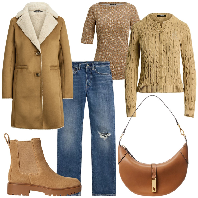 Outfit donna - 50 sfumature di marrone by Lauren. Stile Casual chic per Tutti i giorni. Abbinamento con borse a spalla, cardigans, jeans dritti, stivaletti chelsea, t-shirt, cappotti.