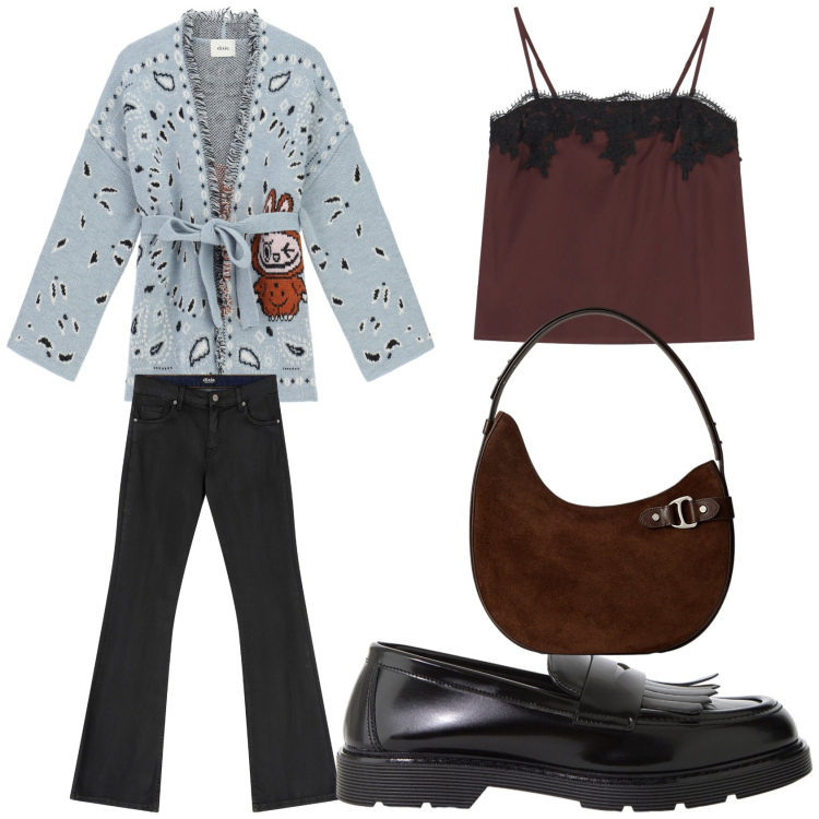 Outfit donna - Comoda con Dixie. Stile Casual per Tutti i giorni. Abbinamento con cardigans, mocassini, jeans, top, borse a spalla.