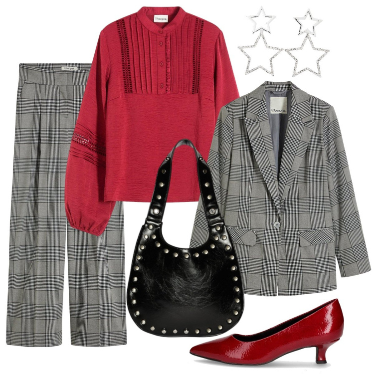 Outfit donna - La camicia rosso fuoco. Stile Bon Ton per Ufficio. Abbinamento con pantaloni, blazer, bluse, orecchini, décolleté, borse a spalla.