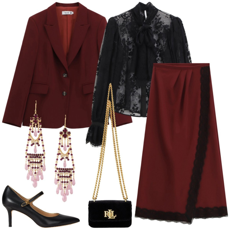 Outfit donna - Serata fuori. Stile Chic per Serata fuori. Abbinamento con blazer, camicie, gonne lunghe, décolleté, orecchini, pochette.