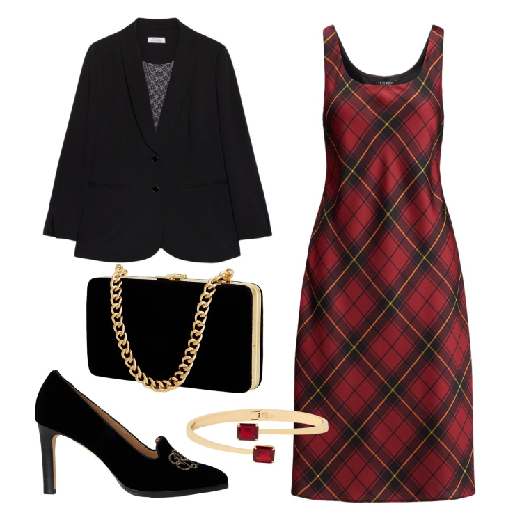 Outfit donna - Cocktail party!. Stile Glamour per Cerimonia. Abbinamento con clutch, décolleté, braccialetti, vestiti senza maniche, blazer.