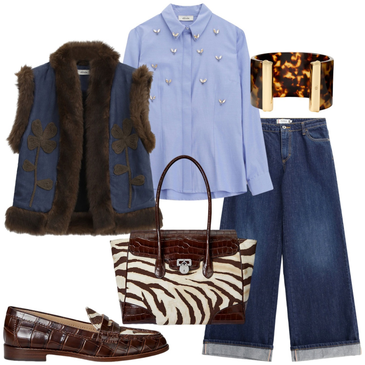 Outfit donna - Total look #2256840. Stile Trendy per Serata fuori. Abbinamento con jeans, camicie, gilet, borse a mano, mocassini, braccialetti.