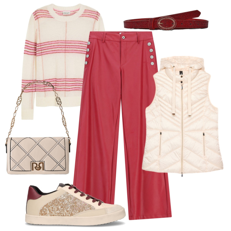 Outfit donna - Un tocco di rosso in città. Stile Casual chic per Tutti i giorni. Abbinamento con maglieria, cinture, pantaloni a palazzo, borse a tracolla, sneakers, piumini.
