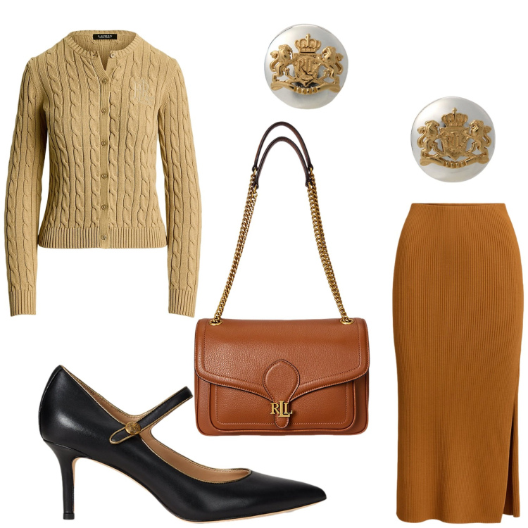 Outfit donna - Elegante e classica in Ralph Lauren. Stile Bon Ton per Serata fuori. Abbinamento con orecchini, cardigans, borse a spalla, gonne, décolleté.