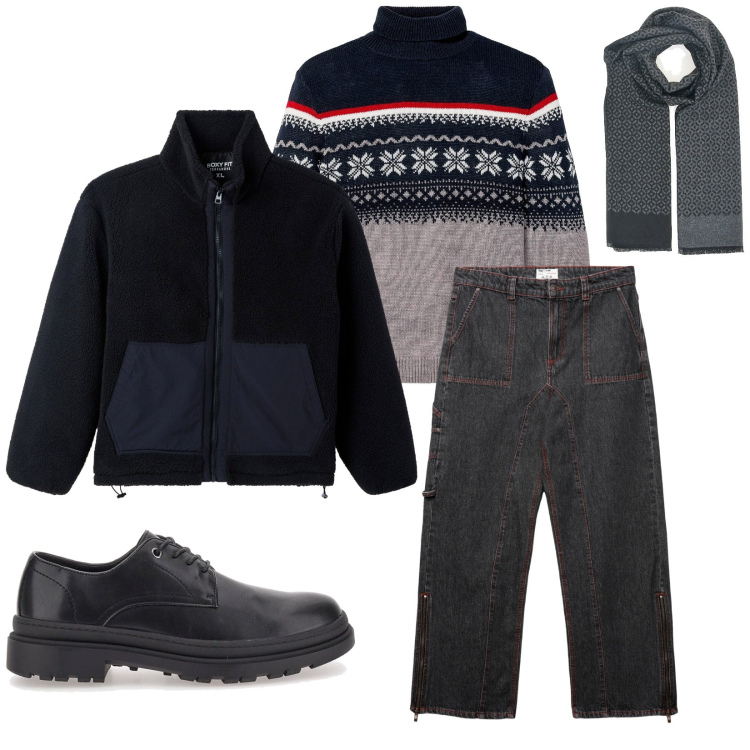 Outfit uomo - Total look #2256844. Stile Casual per Tutti i giorni. Abbinamento con maglieria, giacche, jeans dritti, scarpe stringate, sciarpe.