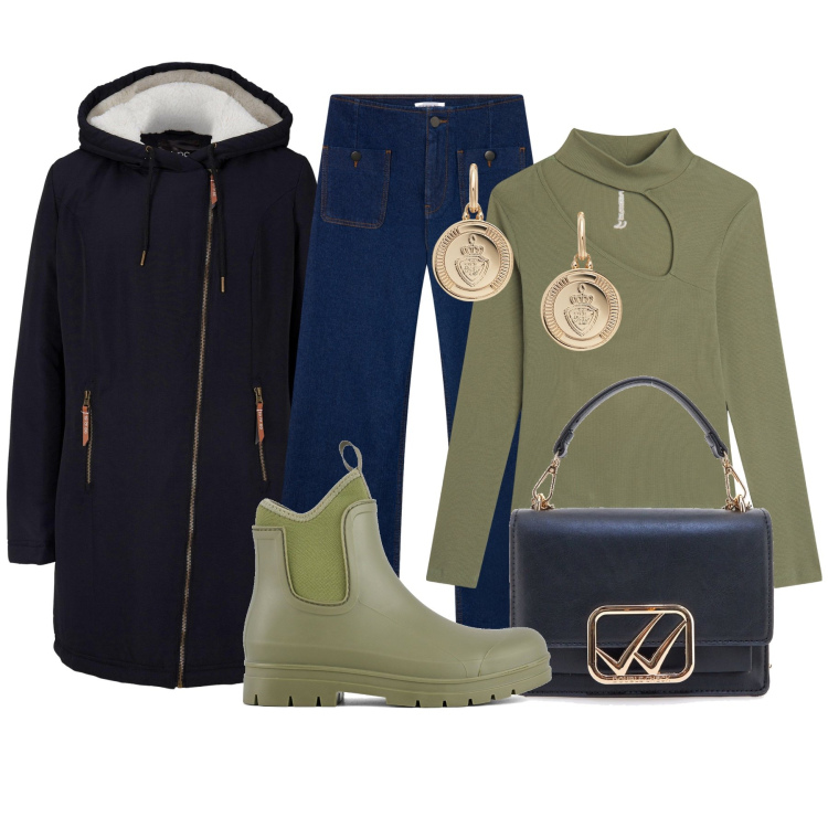 Outfit donna - Verde oliva. Stile Casual per Tutti i giorni. Abbinamento con blazer, jeans, maglieria, orecchini, stivali, borse a tracolla.