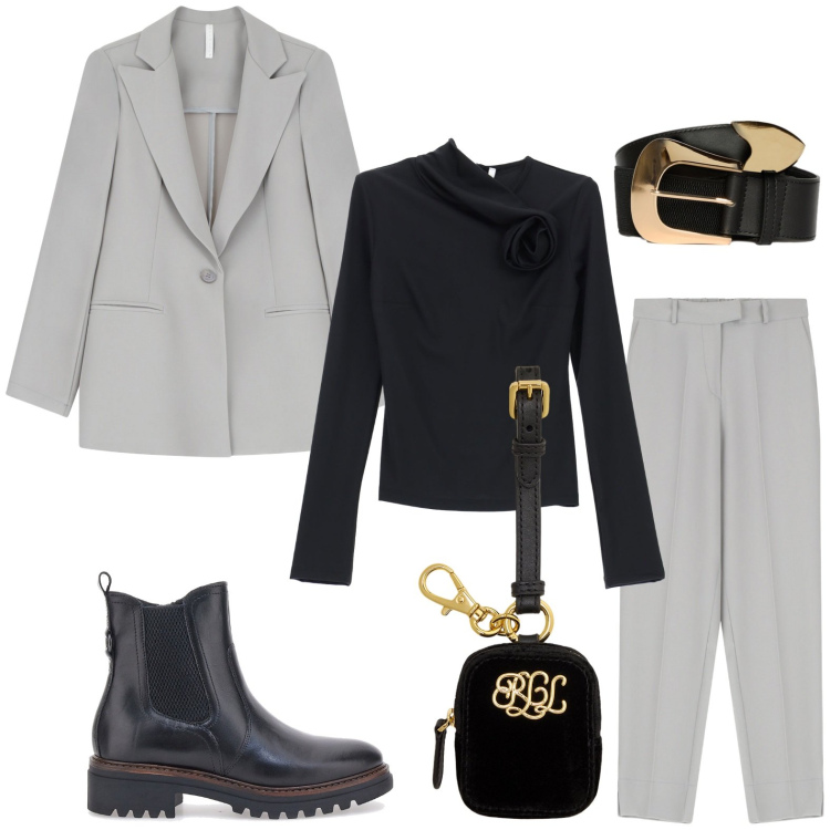 Outfit donna - Sfumature di grigio. Stile Glamour per Serata fuori. Abbinamento con pantaloni, t-shirt, blazer, pochette, stivaletti chelsea, cinture.