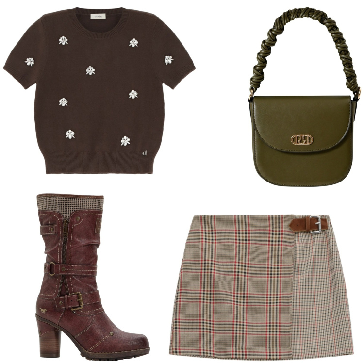 Outfit donna - Gonna e stivali. Stile Casual chic per Tutti i giorni. Abbinamento con stivali, borse a mano, minigonne, maglieria.