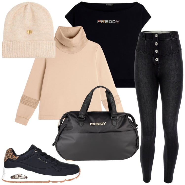 Outfit donna - Total look #2256851. Stile Sporty chic per Sport. Abbinamento con felpe, t-shirt, jeans skinny, borse sportive, berretti, sneakers.