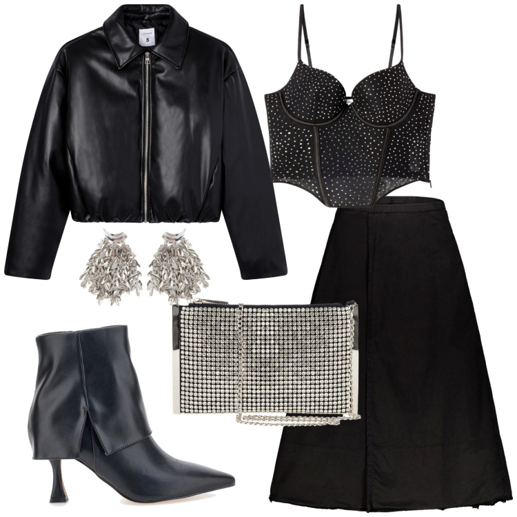 Outfit donna - Total look #2256853. Stile Glamour per Serata fuori. Abbinamento con giacche, top, pochette, orecchini, gonne lunghe, stivaletti.
