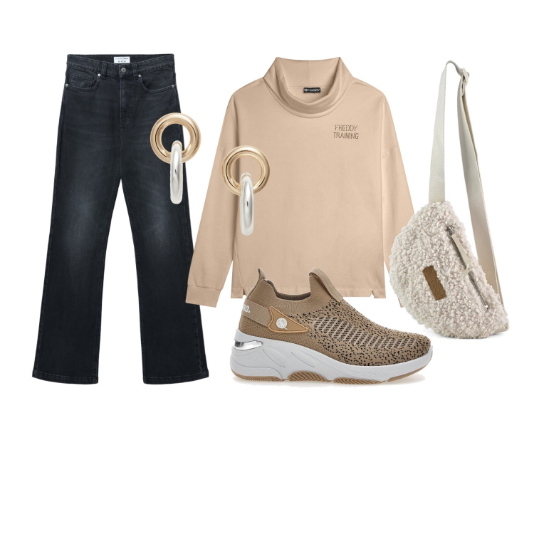 Outfit donna - Felpa e marsupio. Stile Casual per Tutti i giorni. Abbinamento con jeans bootcut, felpe, orecchini, marsupi, sneakers.