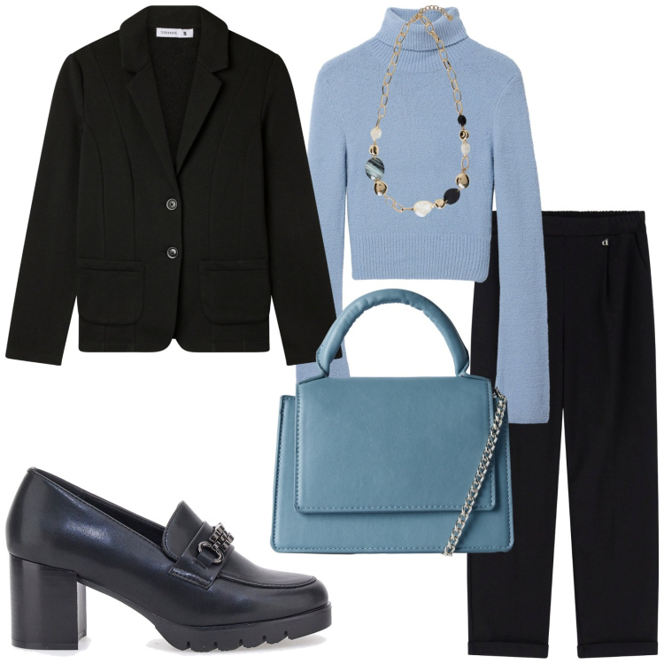 Outfit donna - Total look #2256858. Stile Casual chic per Ufficio. Abbinamento con blazer, borse a tracolla, maglieria, pantaloni, mocassini, collane.