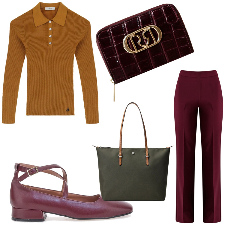 Outfit donna - Giornata in ufficio. Stile Casual per Ufficio. Abbinamento con pantaloni a palazzo, portafogli, maglieria, borse tote, ballerine.
