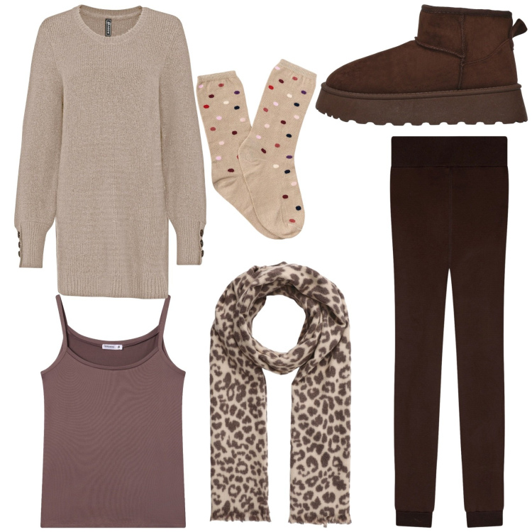 Outfit donna - Homewear. Stile Basic per Tutti i giorni. Abbinamento con maglieria, sciarpe, stivaletti, magliette intime, leggings, calzini.