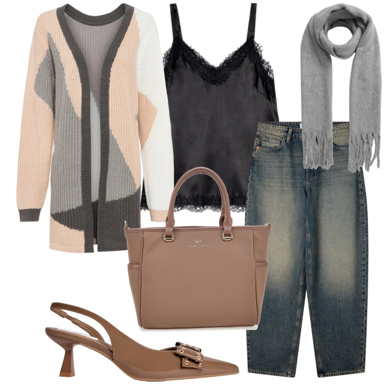 Outfit donna - Total look #2256861. Stile Casual chic per Tutti i giorni. Abbinamento con cardigans, jeans, sciarpe, décolleté, borse a tracolla, canottiere.