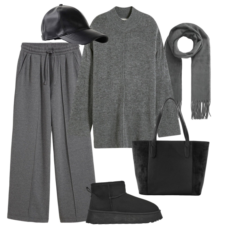 Outfit donna - Look loose fit avvolgente. Stile Urban per Tutti i giorni. Abbinamento con pantaloni sportivi, shopping bag, maglieria, cappelli con visiera, sciarpe, stivaletti.