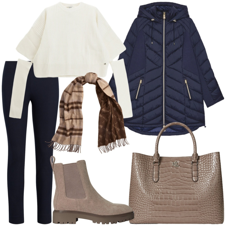 Outfit donna - Look inconfondibile. Stile Minimal per Tutti i giorni. Abbinamento con maglieria, stivaletti chelsea, borse a mano, sciarpe, pantaloni skinny, piumini.