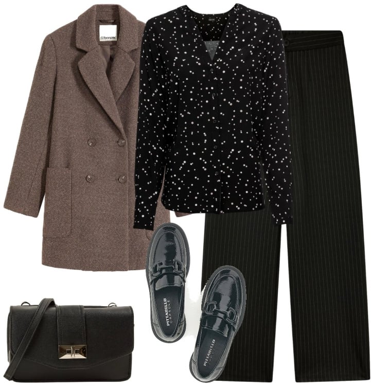 Outfit donna - Pois vs Righe: la Sfida dello Stile. Stile Basic per Serata fuori. Abbinamento con camicie, cappotti, pantaloni, borse a tracolla, mocassini.
