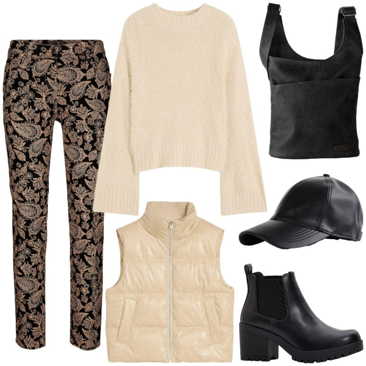 Outfit donna - Autumn Urban style. Stile Casual chic per Tutti i giorni. Abbinamento con pantaloni, stivaletti chelsea, maglieria, borse a tracolla, piumini, cappelli con visiera.