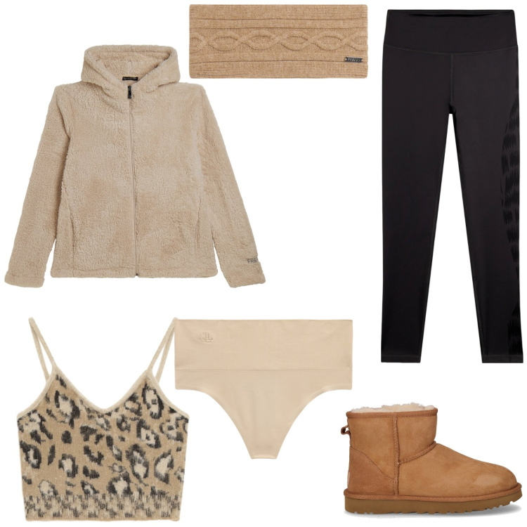 Outfit donna - Homewear. Stile Minimal per Tutti i giorni. Abbinamento con top, leggings, accessori per capelli, felpe con cappuccio, perizomi, stivaletti chelsea.