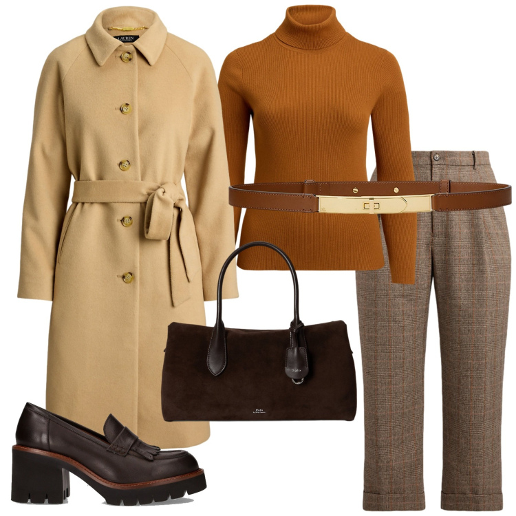 Outfit donna - Total look #2256869. Stile Glamour per Tutti i giorni. Abbinamento con cinture, borse a mano, pantaloni, maglieria, cappotti, décolleté.