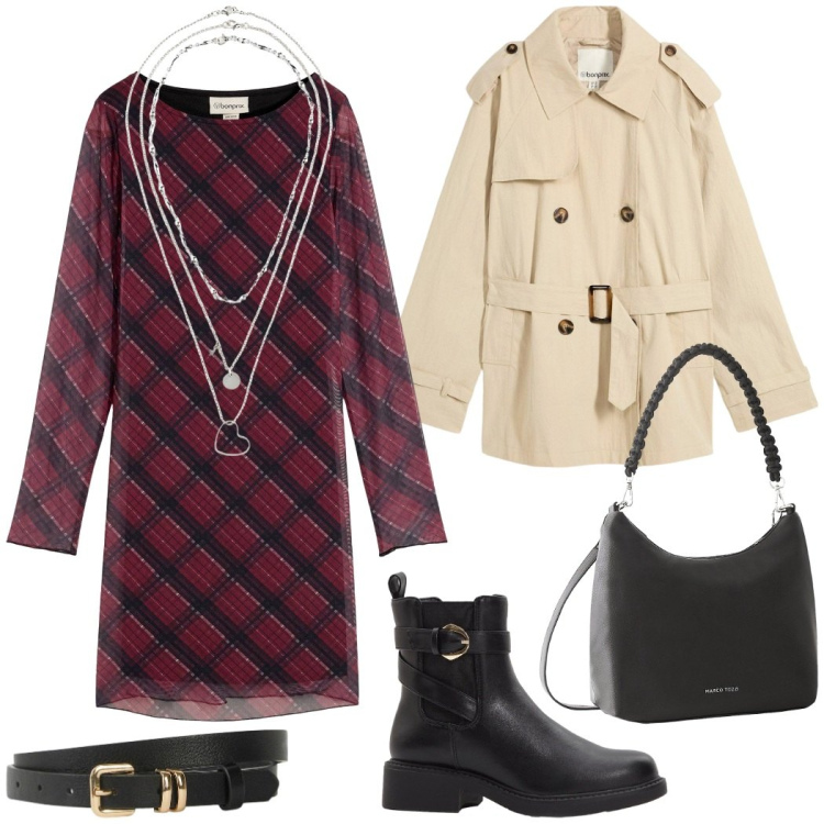 Outfit donna - Autunno. Stile Urban per Tutti i giorni. Abbinamento con vestiti corti, stivaletti chelsea, collane, trench, cinture, borse a mano.