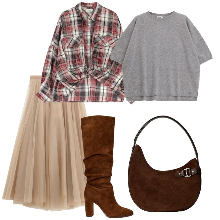 Outfit donna - Rustico e Romantico: equilibrio perfetto. Stile Basic per Serata fuori. Abbinamento con gonne lunghe, camicie, maglieria, stivali, borse a spalla.