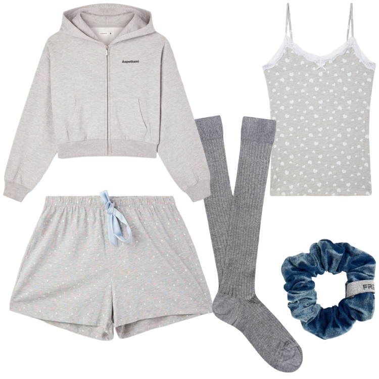 Outfit donna - Homewear. Stile Minimal per Tutti i giorni. Abbinamento con magliette intime, felpe con cappuccio, pigiama, accessori per capelli, calzini.