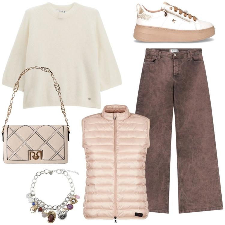 Outfit donna - Urban style chic. Stile Casual chic per Tutti i giorni. Abbinamento con pullovers, pantaloni a palazzo, borse a tracolla, piumini, braccialetti con ciondoli, sneakers.