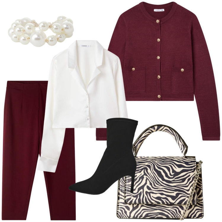 Outfit donna - Autunno in rosso. Stile Casual per Tutti i giorni. Abbinamento con pantaloni chino, camicie, cardigans, borse a tracolla, stivali, anelli.