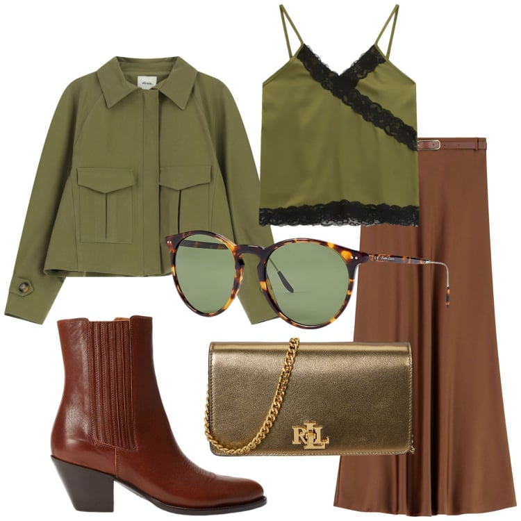 Outfit donna - Total look #2256878. Stile Chic per Tutti i giorni. Abbinamento con gonne lunghe, bomber, top, occhiali da sole, stivaletti texani, borse a mano.