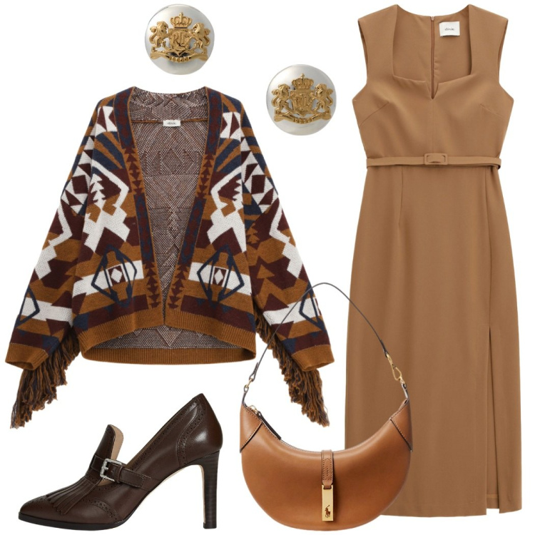 Outfit donna - Originale con la giacca etnica. Stile Etnico per Serata fuori. Abbinamento con vestiti midi/longuette, cardigans, borse a spalla, orecchini, décolleté.