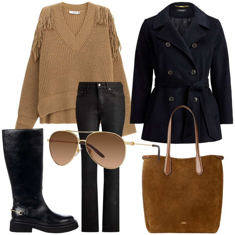 Outfit donna - Maglioni avvolgenti. Stile Casual per Tutti i giorni. Abbinamento con maglieria, stivali sopra il ginocchio, borse tote, jeans dritti, cappotti, occhiali da sole.