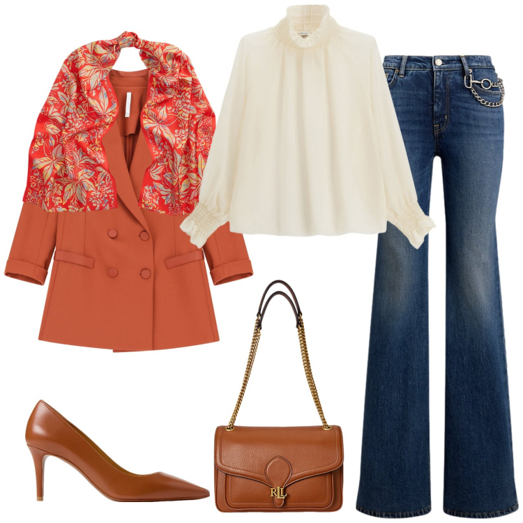 Outfit donna - Total look #2256887. Stile Casual chic per Serata fuori. Abbinamento con blazer, camicie, décolleté, borse a spalla, jeans dritti, foulard.