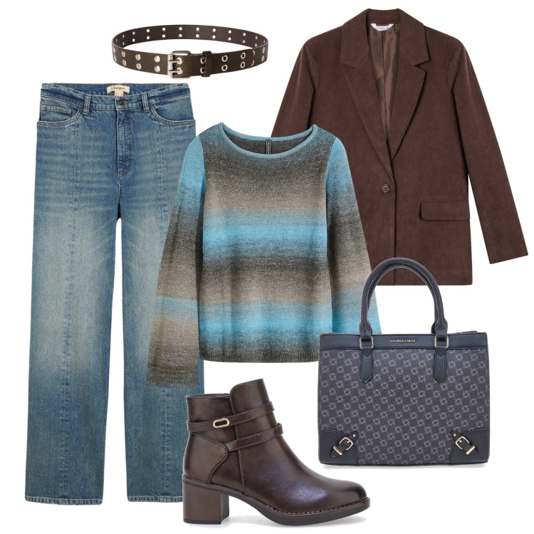 Outfit donna - Primi freddi easy con stile - @Star67. Stile Urban per Tutti i giorni. Abbinamento con maglieria, jeans dritti, cinture, blazer, stivaletti, borse a tracolla.