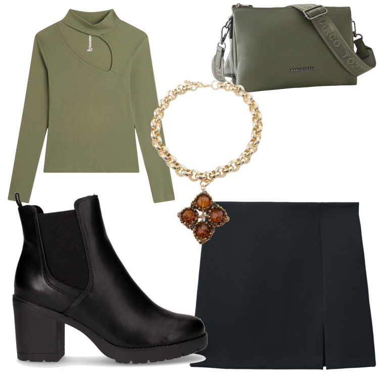 Outfit donna - Serata film con le amiche. Stile Casual per Serata fuori. Abbinamento con borse a tracolla, minigonne, collane, maglieria, stivaletti chelsea.