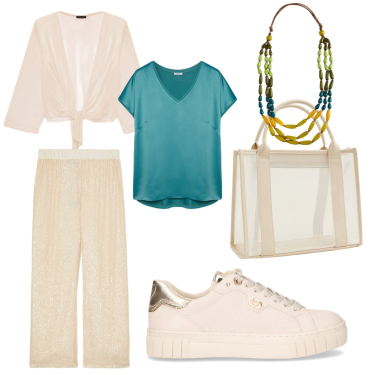 Outfit donna - Ultimi giorni di caldo. Stile Basic per Tutti i giorni. Abbinamento con borse tote, sneakers, pantaloni, collane, bolero, bluse.