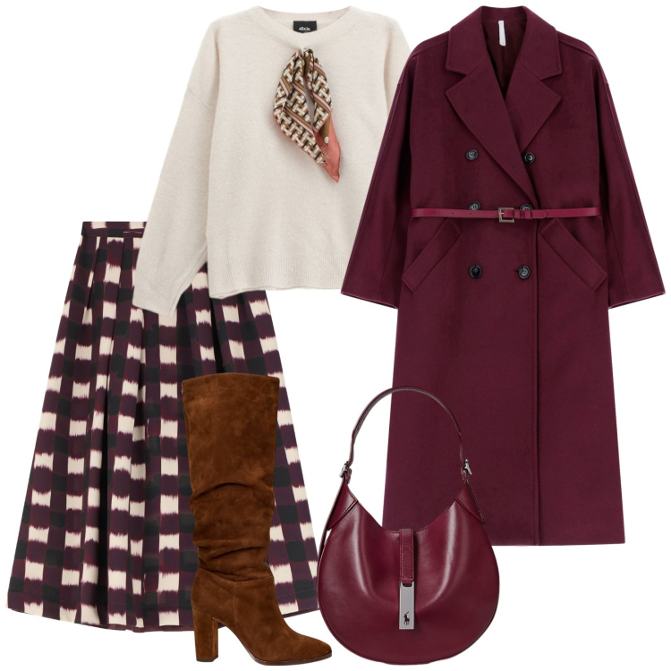 Outfit donna - Gonna e stivali. per Tutti i giorni. Abbinamento con cappotti, maglieria, gonne longuette, borse a spalla, stivali.