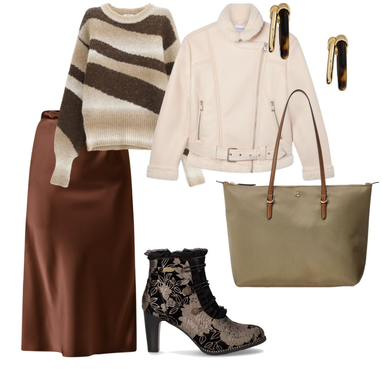 Outfit donna - Maglioni avvolgenti. per Ufficio. Abbinamento con bomber, pullovers, gonne longuette, borse tote, orecchini, stivaletti.