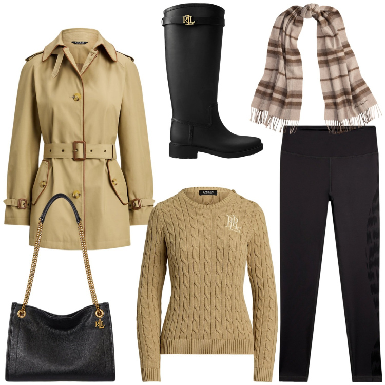 Outfit donna - Giornata di pioggia in stile British. Stile Urban per Tutti i giorni. Abbinamento con leggings, trench, borse tote, sciarpe, stivali di gomma, maglieria.