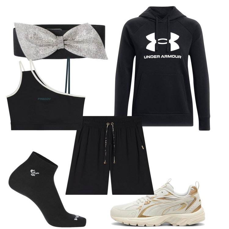 Outfit donna - Corriamo?. Stile Sporty chic per Sport. Abbinamento con calzini, bermuda, reggiseni, felpe con cappuccio, cinture, sneakers.