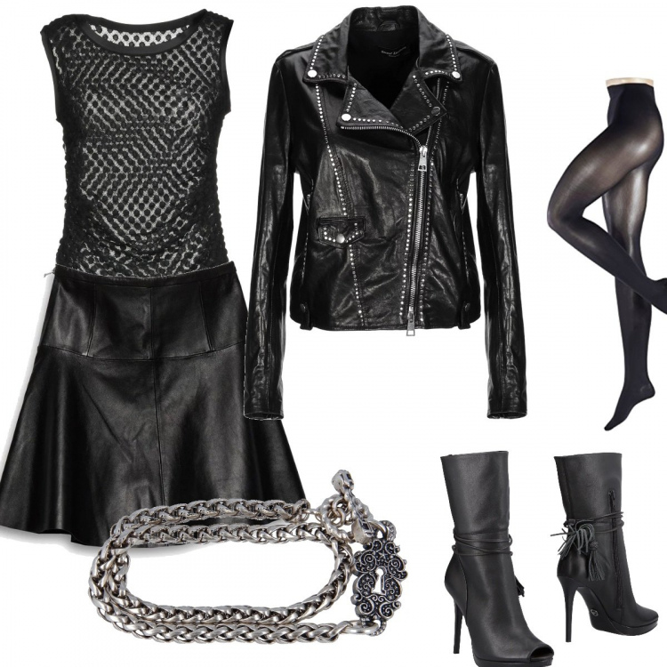 Outfit donna - Rock #245. Stile Rock per Serata fuori. Abbinamento con stivaletti con tacco spillo e zip open toe con nappine, giubbotto in pelle martellata collo classico a maniche lunghe con zip interno foderato tinta unita, top con drappeggio collo tondo senza maniche interno foderato in tulle jacquard, calza autoreggenti blu, gonna nero, bracciale 100% nichel fatto a mano.
