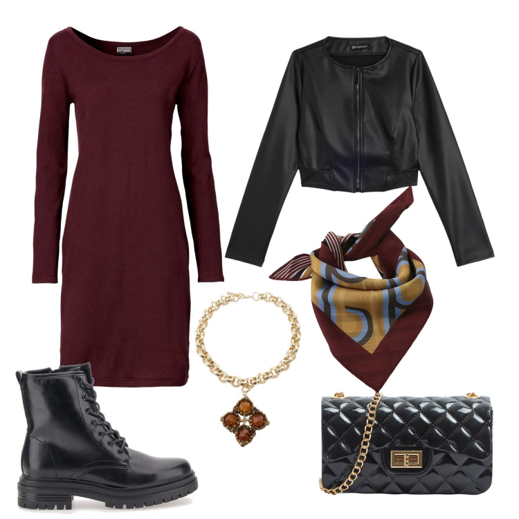 Outfit donna - Autunno. Stile Glamour per Tutti i giorni. Abbinamento con vestiti lunghi, borse a tracolla, giacche, collane, foulard, anfibi.