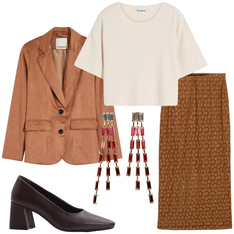 Outfit donna - Total look #2256901. Stile Casual chic per Ufficio. Abbinamento con gonne lunghe, t-shirt, blazer, orecchini, décolleté.