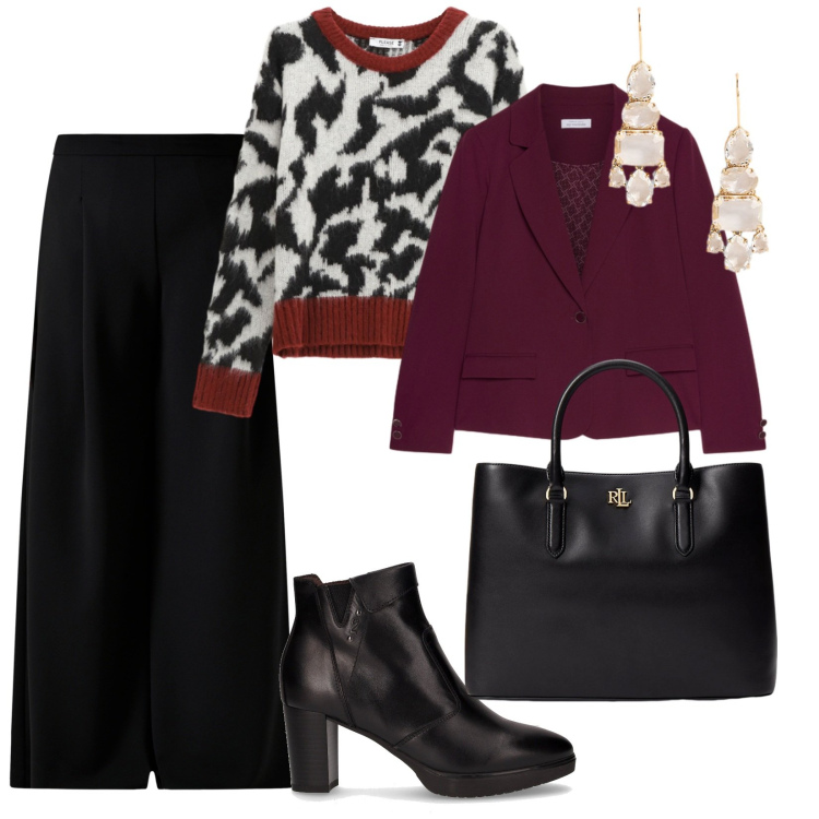 Outfit donna - Maglioni avvolgenti. per Scuola/Università. Abbinamento con pullovers, pantaloni a palazzo, borse a mano, orecchini, blazer, stivaletti.