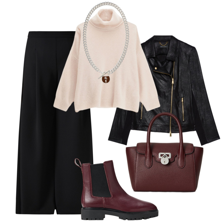 Outfit donna - Maglione avvolgente al lavoro. Stile Casual chic per Ufficio. Abbinamento con pantaloni a palazzo, maglieria, ciondoli, stivaletti chelsea, borse a mano, giacche.