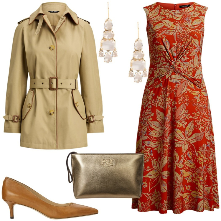 Outfit donna - Cerimonia. Stile Chic per Cerimonia. Abbinamento con décolleté, vestiti, trench, orecchini, pochette.