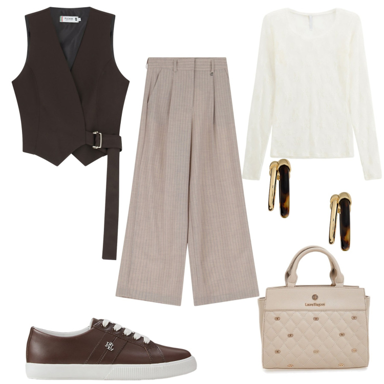 Outfit donna - Style. Stile Casual chic per Ufficio. Abbinamento con gilet, maglieria, pantaloni a palazzo, orecchini, sneakers, borse a mano.