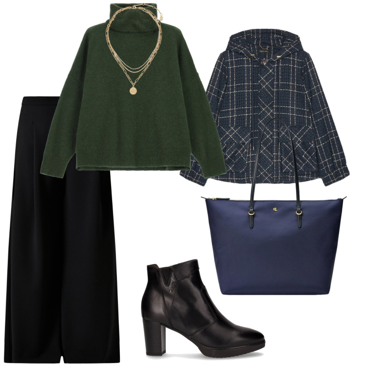 Outfit donna - Maglioni avvolgenti. per Tutti i giorni. Abbinamento con pantaloni a palazzo, maglieria, borse tote, ciondoli, stivaletti, blazer.